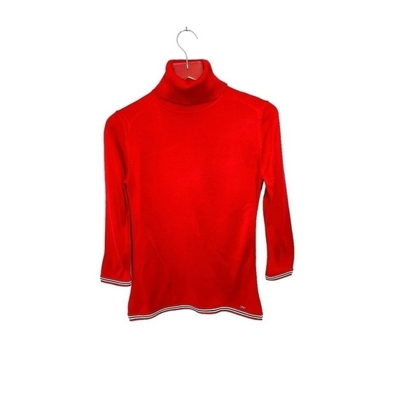 Tommy Hilfiger Bright Red Turtleneck Sweater Navy/White Accents Metal Logo Sz XS - Picture 12 of 14